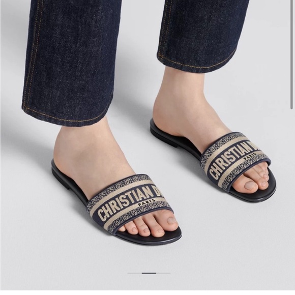 Dior Dway Slide Sandal Deep Blue Embroidered Cotton Logo open toe size 39 - Picture 2 of 13